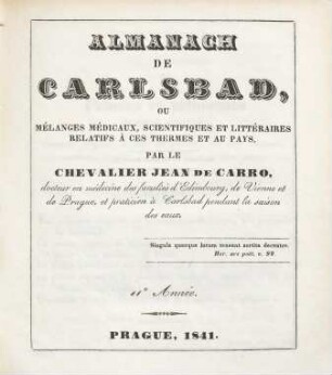 Almanach de Carlsbad ou mélanges médicaux, scientifiques et littéraires, relatifs à ces thermes et au pays, 11. 1841