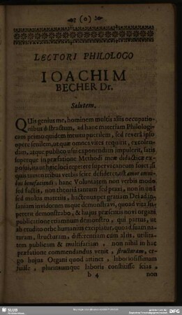 Lectori Philologo Joachim Becher Dr. Salutem