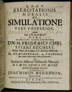 Ps. Posterior: Exercitationis Moralis De Simulatione Pars .... Ps. Posterior