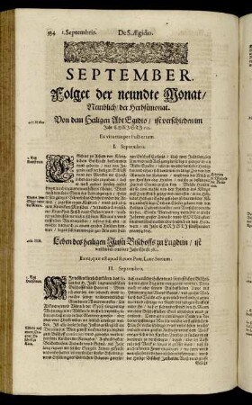 September. Folget der neundte Monat/ Nemlich/ der Herbstmonat. Von dem Heiligen Abt Egidio/ ist verschieden im Jahr Christi 523.