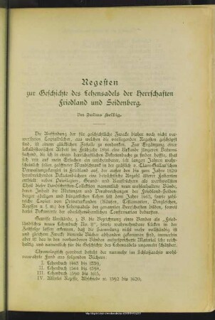 Regesten zur Geschichte des Lehensadels der Herrschaften Friedland und Seidenberg
