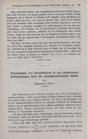 Verzeichniss von Druckfehlern in den Gauss'schen Abhandlungen über die hypergeometrische Reihe.
