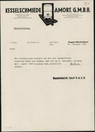 Firmenbriefkopf, Kesselschmiede, Amort, G.M.B.H., Fernsprecher Amt Siegen