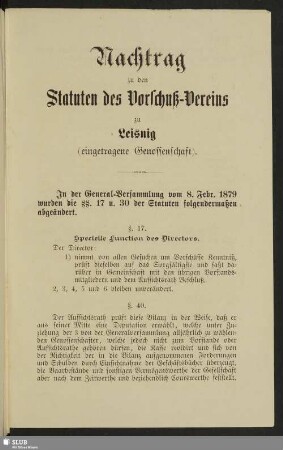 Nachtrag zu den Statuten des Vorschuß-Vereins zu Leisnig (eingetragene Genossenschaft) : [unterzeichnet:] Leisnig, den 6. Februar 1881