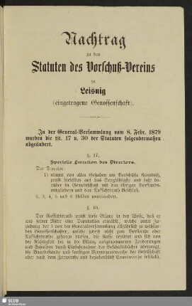Nachtrag zu den Statuten des Vorschuß-Vereins zu Leisnig (eingetragene Genossenschaft) : [unterzeichnet:] Leisnig, den 6. Februar 1881
