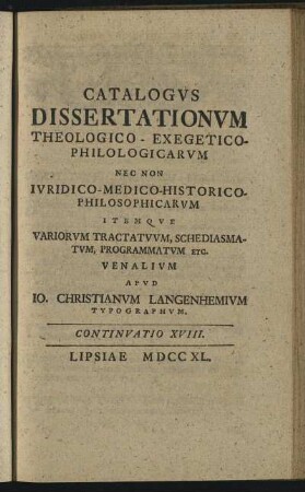 Continuatio XVIII. Lipsiae M DCC XL.