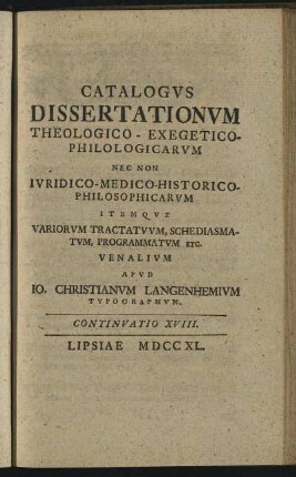 Continuatio XVIII. Lipsiae M DCC XL.