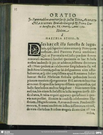 Oratio In Parentalibus anniversariis factis Divo Alberto Marchioni Brandenburgensi & Primo Duci Borußiae &c. XX. Martii Anni 1569. Habita a Matthia Stoio, D.