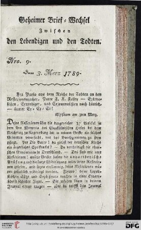 Geheimer Brief-Wechsel zwischen den Lebendigen und den Todten Nro. 9