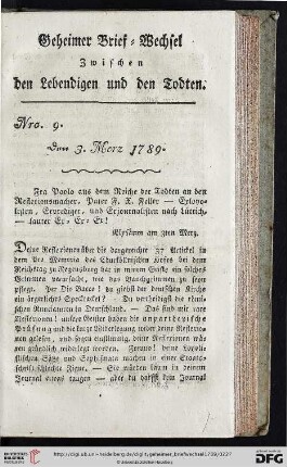 Geheimer Brief-Wechsel zwischen den Lebendigen und den Todten Nro. 9