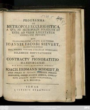 Programma De Metropoli Ecclesiastica, A Qva Ad Metropolin Politicam Et Inde Ad Vrbis Libertatem Conclvdi Potest
