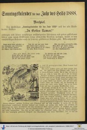 Sonntagskalender für das Jahr des Heils 1888.