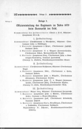 2. Offiziereinteilung des Regiments im Jahre 1870 beim Ausmarsch ins Feld