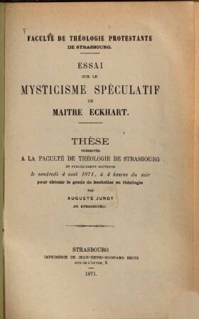 Essai sur le mysticisme spéculatif de Maitre Eckhart