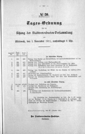 Tages-Ordnung No. 20 (290-305), 01. November 1911