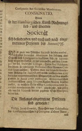 Consignatio der Societäts Membrorum.