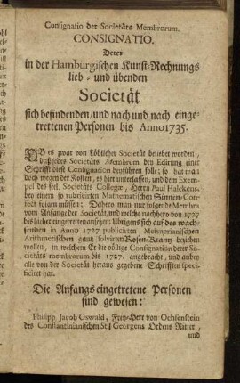 Consignatio der Societäts Membrorum.