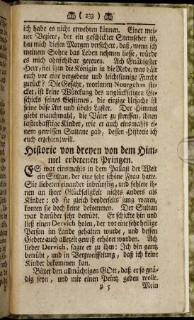 Historie von dreyen von dem Himmel erbetenen Printzen.
