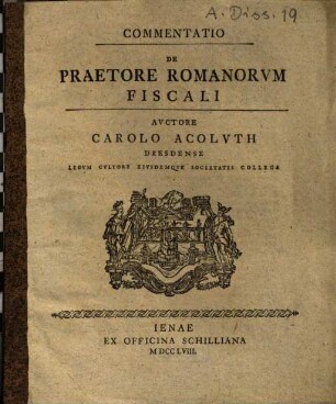 Commentatio de Praetore Romanorum fiscali