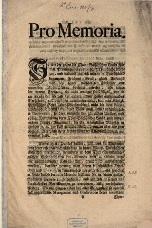 Promemoria (betreffend den gegen die Chursächsischen Lande Kön. Preuß. Seits verfügten feindlichen Überzug)