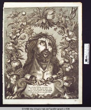 Bildnis Christi mit Dornenkrone, von einem Blumenkranz umrahmt.