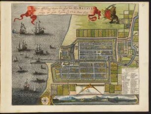 Stadtplan von Batavia (Jakarta), Indonesien, 1: 6 200, kolorierter Kupferstich, um 1660 : Waere affbeeldinge Wegens het Casteel ende Stadt Batavia gelegen opt groot Eylant Java Anno 1652 - [Ca. 1:6.200] /[Amsterdam] : [Ioannes Ianssonius], [1660]. - 1 Vogelschaukarte : Kupferst. ; 50,5 x 40,2 cm. - Mit 1 Wappen. - Maßstab in graph. Form (Rhynlantsche Roeden). - E oben. - Mit 1 Stadtansicht. - Mit Gebäudeverz. - Titelkartusche oben. - Vermutl. aus: Theatrum In quo visuntur Illustriores Hispaniae Urbes, Aliaeque Ad Orientem & Austrum Civitates celebriores