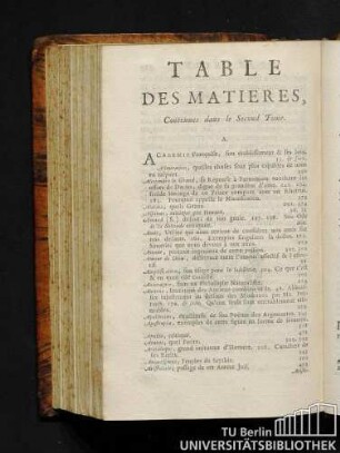 Table des matieres, contenues dans le second tome.