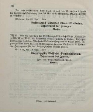 73. Ministerial-Bekanntmachung, betreffend Wechsel in der Hauptagentur der Versicherungs-Aktien-Gesellschaft "Rhenania" in Köln