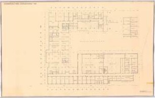 Grünanlage an der Paracelsus-Klinik, Marl: Krankenhaus: Grundriss Sockelgeschoss 1:100 (Zeichnung des Architekten)