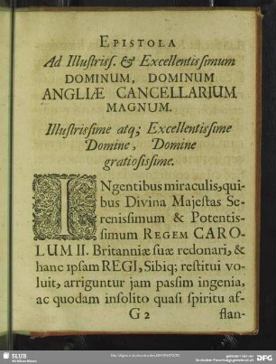 Epistola Ad Illustriss. & Excellentissimum Dominum, Dominum Angliae Cancellarium Magnum