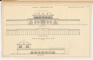 Mietgarage im Vorort Monatskonkurrenz Februar 1925: Aufriss Straßenansicht (mit Einfahrten), 2. Straßenansicht (Nebenstraße), Hofansicht der Garagen 1:100; Maßstabsleiste