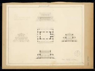 Gartensaal Monatskonkurrenz Oktober 1827: Grundriss Erdgeschoss, Aufriss Vorderansicht, Seitenansicht, Längsschnitt, Querschnitt; Maßstabsleiste