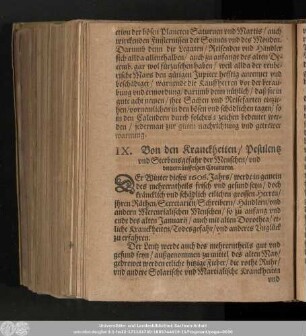 IX. Von den Kranckheiten/ Pestilentz und Sterbensgefahr der Menschen/ und unvernünfftigen Creaturen.