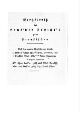 Verhältniß des Lond´ner Gewicht´s zu dem Preußischen
