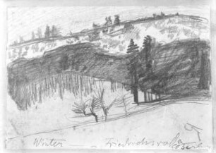 Bergiges Waldgelände im Schnee : Bergiges Waldgelände im Schnee. Bleistiftzeichnung; 113 x 163 mm (1896/1897; E. Barlach). Ernst Barlach Stiftung Güstrow J, 12