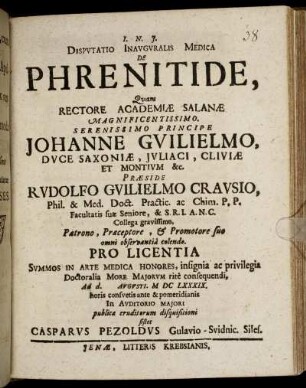 Disputatio Inauguralis Medica De Phrenitide