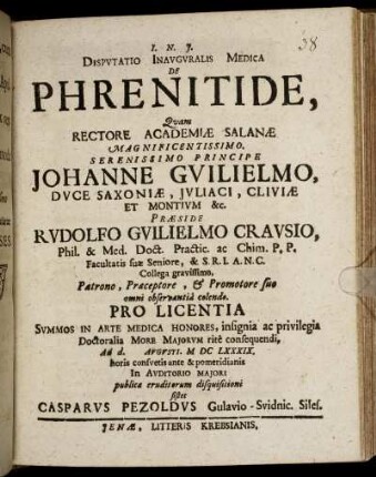 Disputatio Inauguralis Medica De Phrenitide