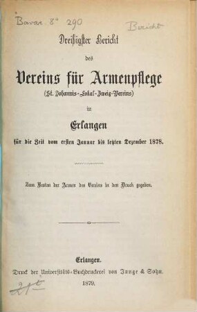 Bericht des Vereins für Armenpflege in Erlangen, 30. 1878 (1879)