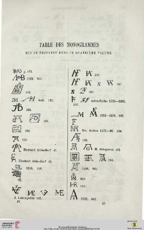 Table des monogrammes qui se trouvent dans ce quatrième volume