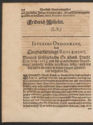 Interims Ordonnanz, Auch Einquartierungs-Reglement, ... 1684 ...