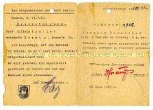 Ausweis zur Berechtigung der Benutzung eines Fahrrades für einen Körperbehinerten (russisch und deutsch)