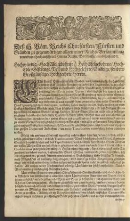 Deß H. Röm. Reichs Churfürsten/ Fürsten und Ständen zu gegenwärtiger allgemeiner Reichs-Versammlung verordnete hochansehentl. Herren Räthe/ Botschafften und Gesandte.