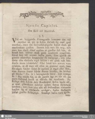 Sjunde Capitlet. Om Kalk och Murbruk