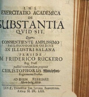 Exercitatio Academica De Substantia Quid Sit