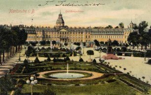 Postkartenalbum mit Motiven von Karlsruhe. "Karlsruhe in Baden. Residenzschloss". Schloss mit Schlossplatz