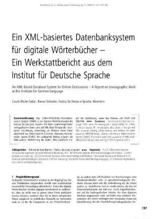 Ein XML-basiertes Datenbanksystem für digitale Wörterbücher- Ein Werkstattbericht aus dem Institut für Deutsche Sprache