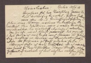 Schreiben von Constantin Fehrenbach, Berlin, an Elisabeth Rosset, Vorläufiges Sitzungsende des Reichstages und Abfahrt zur Kur nach Karlsbad