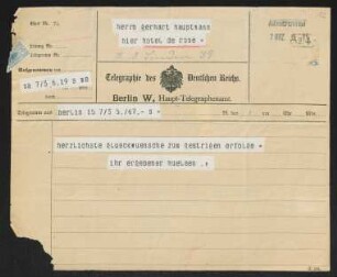 Brief von Hans von Hülsen an Gerhart Hauptmann