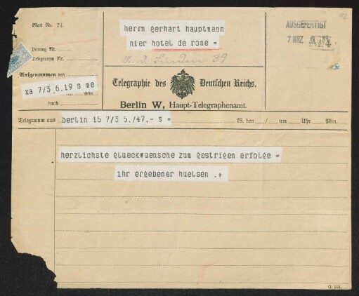 Brief von Hans von Hülsen an Gerhart Hauptmann