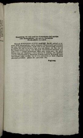Verordnung, die nicht nach dem Conventions-Fuß geprägte sechs Kreutzerstücker, wie auch die Durlachische Groschenstücker betreffend : Zweybr. den 13ten Oktob. 1764.